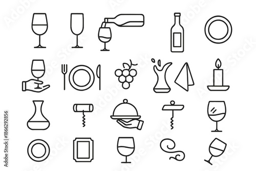Fine Dining Wine Icons. Line style icons of Fine Dining Wine Set: red wine glass, stemware, wine pour, wine bottle, coaster, hand