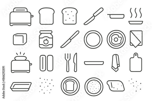 Breakfast Icons Line Art. Line style icons of Toasting Breakfast Set: toaster, bread slice, toasted bread, lever handle, crumb
