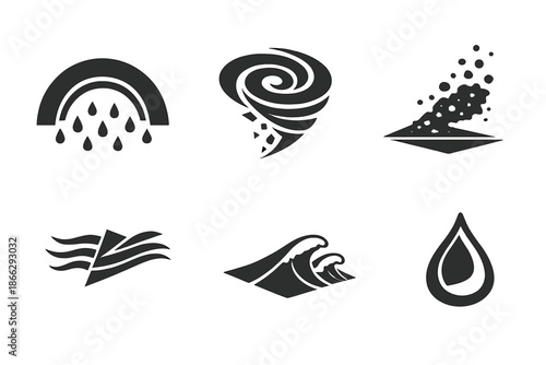 Weather Geometry Icons. Solid style icons of Weather Geometry: rain arc, erosion spiral, dust plane, wind cut, wave ridge, hollow