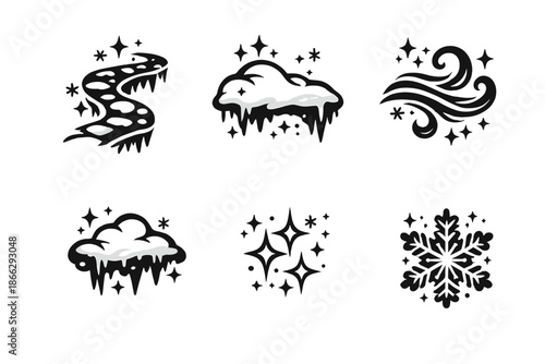 Winter Icons Collection. Solid style icons of Winter Resonance: frost path, snow drift, wind arc, frozen mist, cold shimmer, quiet