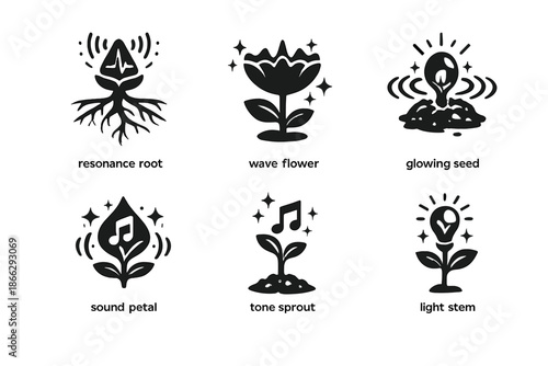 Sonic Bloom Icons. Solid style icons of Sonic Bloom: resonance root, wave flower, glowing seed, sound petal, tone sprout, light