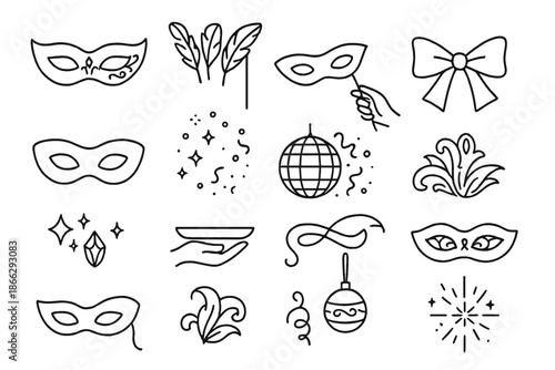 Elegant Mask Icons. Line style icons of Elegant Mask Tools: masquerade mask, decorative feathers, hand hold, ribbon tie, ballroom