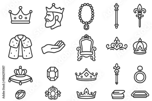 Monarch Icon Set. Line style icons of Monarch Decoration Set: crown, king’s head, golden jewels, scepter, royal robe, hand hold,