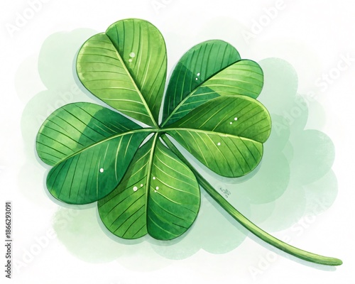 Emerald Shamrock: Depicting a captivating four-leaf shamrock, a symbol of good fortune, rests against a subtle backdrop, revealing intricate leaf textures and soft watercolor gradients.