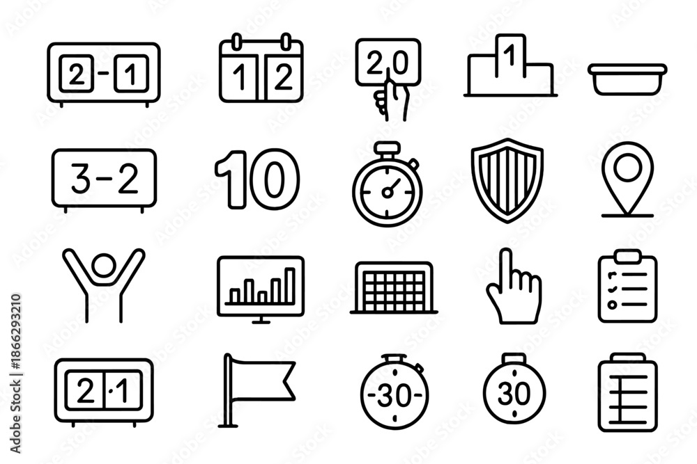 Fototapeta premium Game Result Icons. Line style icons of Game Result Tools: scoreboard, numbers, hand hold, victory display, digital panel, score