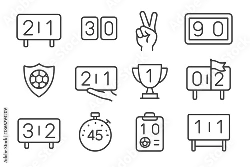 Scoreboard Victory Icons. Line style icons of Scoreboard Number Win: scoreboard, numbers, hand hold, victory display, digital
