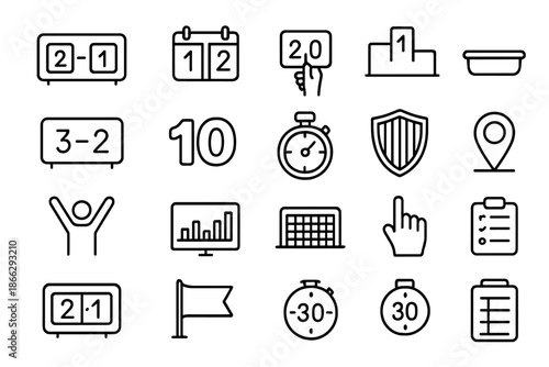 Game Result Icons. Line style icons of Game Result Tools: scoreboard, numbers, hand hold, victory display, digital panel, score