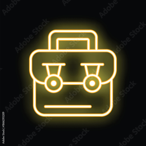 Yellow glowing neon icon of a toolbox, isolated vector illustration on a black background