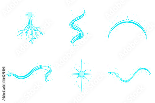 Photonic Flow Icons. Solid style icons of Photonic Flow: pixel root, light strand, glowing arc, radiant thread, luminous node,