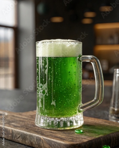 St Patrick's Day Beer: A refreshing glass of green beer with a frothy head, stands proudly atop a wooden cutting board, inviting a celebration.