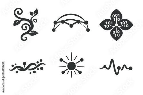 Natural Logic Icons. Solid style icons of Natural Logic: vine thread, neural arc, code bloom, organic line, luminous node, flowing