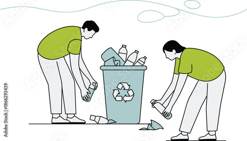 Eco volunteers collecting plastic bottles, recycling waste, environmental cleanup, sustainability action, green clothing, teamwork outdoors, blue bin, pollution solution