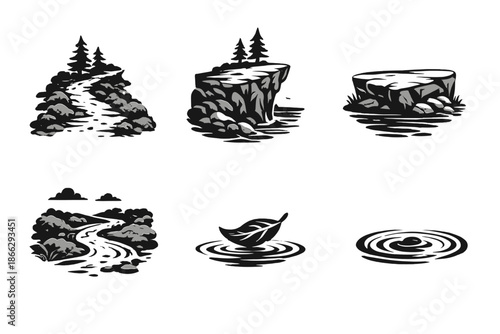 Serene Landscape Icons. Solid style icons of Serene Landscapes: moss trail, cliff point, stone edge, gentle curve, floating leaf,