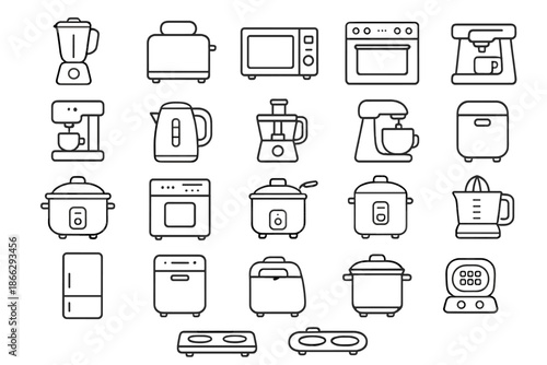 Kitchen Appliance Icons. Line style icons of kitchen appliances: Blender, Toaster, Microwave, Oven, Coffee Machine, Electric