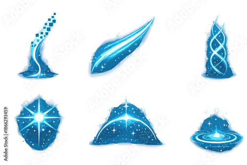 Digital Light Icons. Solid style icons of Digital Light: pixel stem, curve beam, luminous thread, radiant node, glowing arc, light