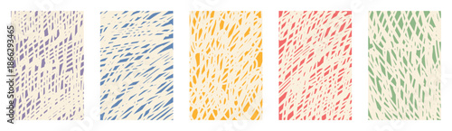 Multicolor scribble doodle backgrounds vector set. Hand drawn childish abstract textures with wavy scrawl lines in soft purple blue orange red green shades. Messy funky playful crayon sketch art