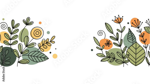 Illustration of plants and flowers in a decorative arrangement viewed from directly above in a white environment