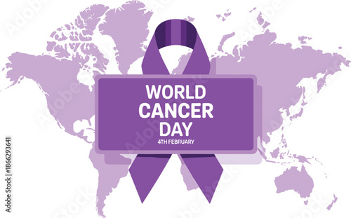 World Cancer Day banner with purple awareness ribbon and world map background vector illustration