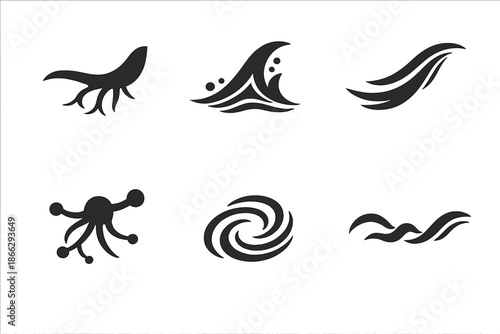 Grounded Motion Icons. Solid style icons of Grounded Motion: root curve, wave spike, flowing arc, deep node, ripple thread,