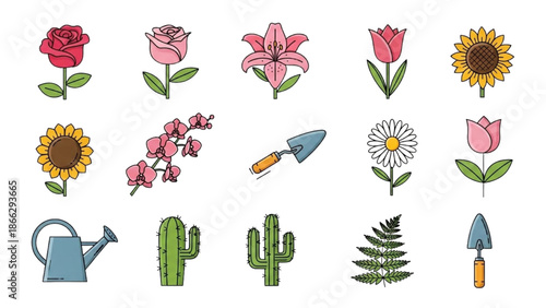 A collection of gardening elements including flowers, cacti, and tools are illustrated in a digital artwork.