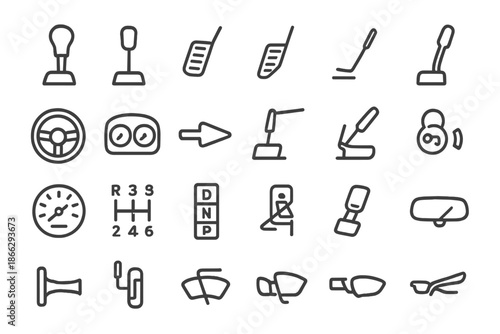 Car Transmission Icons. Line style icons of car transmission: Gearshift, Gear Lever, Clutch Pedal, Brake Pedal, Accelerator,