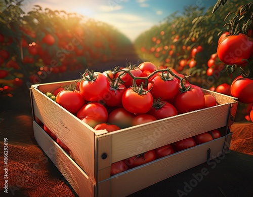tomatoes box in tomato field agriculture generative ai