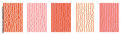Vector childish doodle backgrounds set with red pink wavy lines, deformed vertical fluid shapes, funky organic summer curves, creative motion pattern, artistic liquid stripes, wriggling maze lines