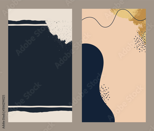 Abstract Minimal Navy & Beige Boho Background Set with Gold Texture, Dots and Organic Shapes