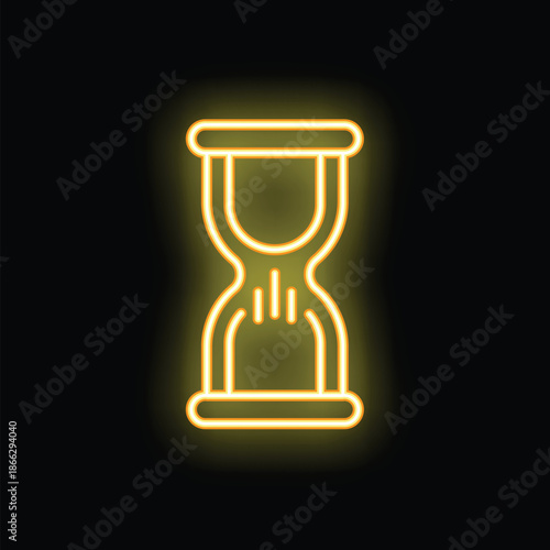 Bright yellow neon hourglass is glowing on a black background, symbolizing the passage of time