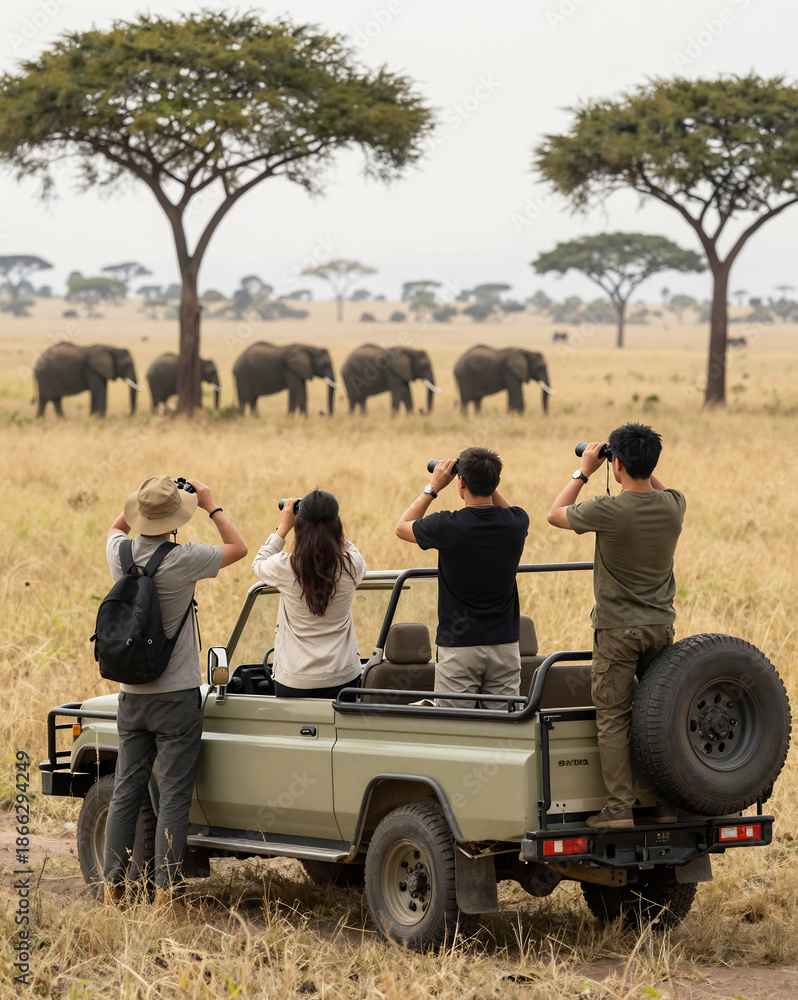 Fototapeta premium Tourists in Safari Jeep Watching Elephants - African Wildlife Adventure