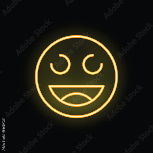 Neon yellow smiley face laughing with eyes wide open on a black background is a great design element for projects about happiness and fun