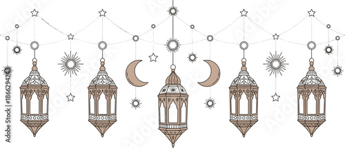 Set of Five Intricate Bronze Islamic Lanterns with Celestial Garlands Featuring Stars Suns and Crescent Moons for Ramadan and Eid Mubarak Decorations