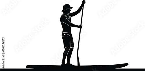 Paddleboarding silhouette, water sport, black and white, standing pose, paddleboard man, outdoor activity, balance, summer, fitness, adventure, isolated figure
