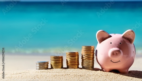 piggy bank with stacks of coins on tropical beach symbolizing saving money for summer vacation
