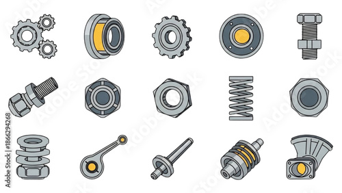 A collection of mechanical parts and tools illustrated in a detailed digital artwork