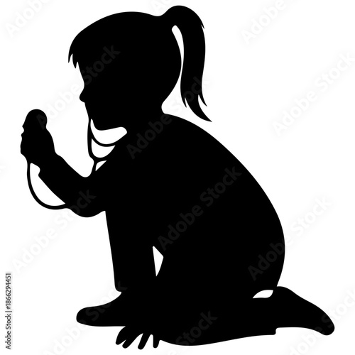 Silhouette of a young girl playing doctor with a stethoscope.