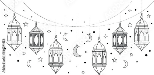 Set of Ornate Islamic Lantern Line Art Icons with Crescent Moons and Stars on Decorative Garlands for Ramadan Kareem and Eid Mubarak Coloring Pages