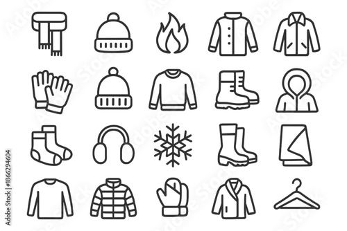 Winter Clothing Icons. Line style icons of winter clothing items: Scarf, Winter, Warmth, Coat, Gloves, Hat, Beanie, Sweater, Boots
