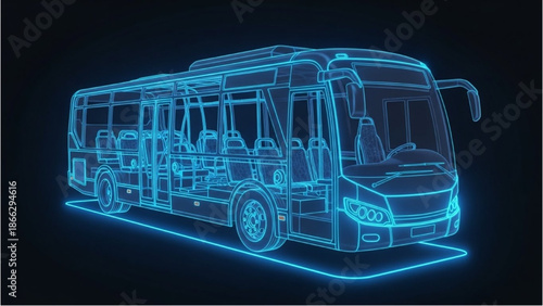 A futuristic city bus wireframe illustration on a dark background viewed from the front side