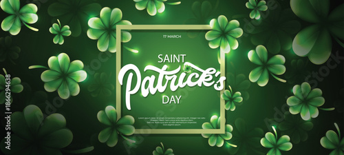 A vibrant green background with clovers and a saint patrick s day greeting