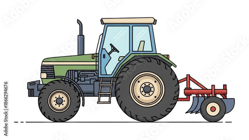 Tractor with attached plow working in agricultural field from operator's viewpoint