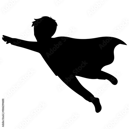 Silhouette of a child flying like a superhero with a cape.