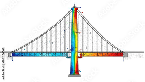 A colorful 3D rendering of a suspension bridge's structural analysis