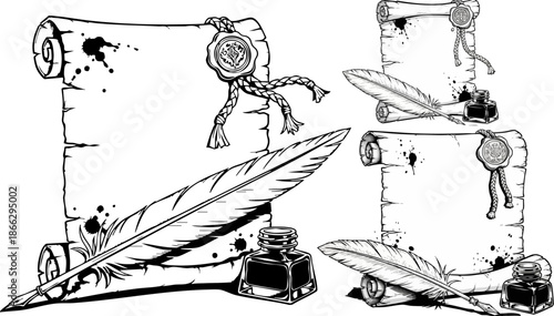 Vintage scroll writing illustration set