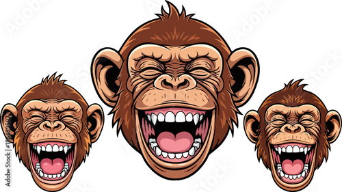 Three monkeys laughing loudly together