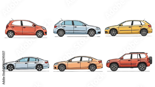 Digital illustration of various cars displayed in two rows on a white background