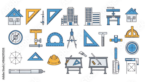 Collection of architectural and engineering tools and symbols on a white background.