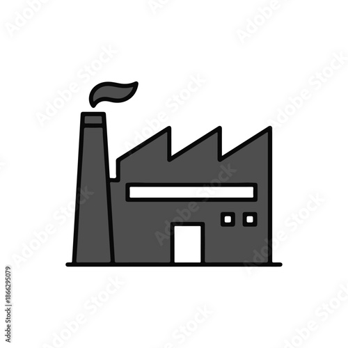 Industrial factory building icon featuring a smoking chimney, symbolizing manufacturing, production, and corporate business operations for diverse design applications