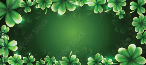 A vibrant green background framed with numerous detailed four leaf clovers