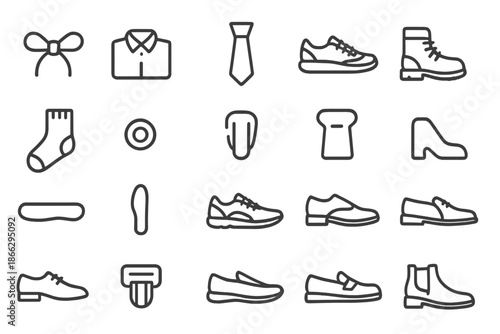 Footwear Accessory Icons. Line style icons of footwear accessories: Lace, Shoe, Tie, Sneaker, Boot, Sock, Eyelet, Aglet, Tongue,